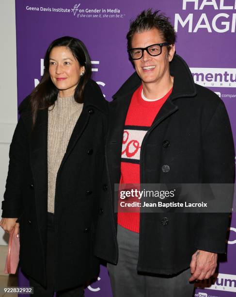 Naomi Nelson and Johnny Knoxville attend the premiere of Momentum Pictures' 'Half Magic' at The London West Hollywood on February 21, 2018 in West...