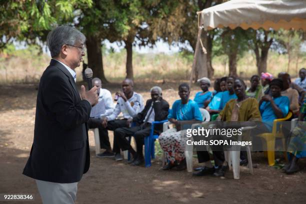 Judge O-Gon Kwon, president of the Assembly of State Parties to the ICC, addresses victims of LRA violence in Awach. He said it was the first time in...