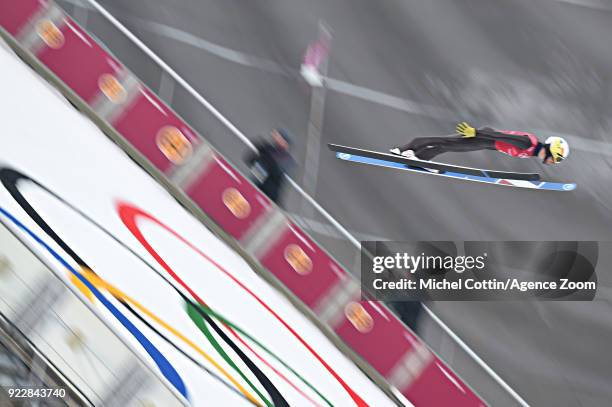 Francois Braud of France competes during the Nordic Combined Team event at Alpensia Cross-Country Centre on February 22, 2018 in Pyeongchang-gun,...