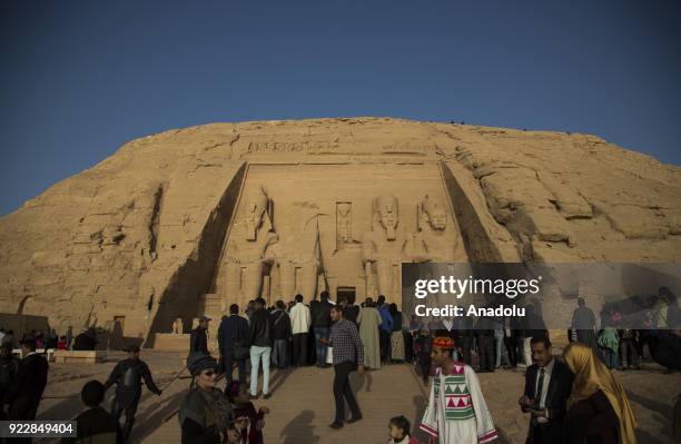 Visitors arrive to monitor the sunbeams on the statues of King Ramesses II at Abu Simbel temples in Aswan, Egypt on February 22, 2017. This...