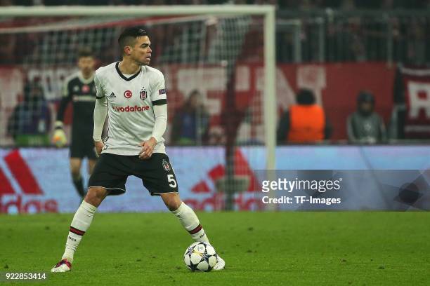 Pepe of Besiktas Istanbul controls the ball during the UEFA Champions League Round of 16 First Leg match between Bayern Muenchen and Besiktas at...