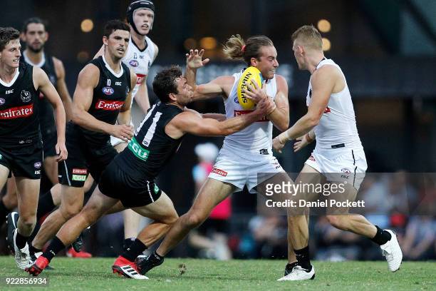 Tim Broomhead of the Magpies is tackled by Jarryd Blair of the Magpies during the Collingwood Magpies AFL Intra Club match at the Holden Centre on...