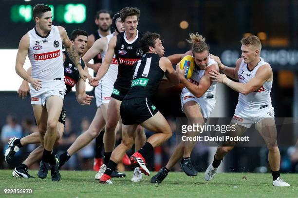 Tim Broomhead of the Magpies is tackled by Jarryd Blair of the Magpies during the Collingwood Magpies AFL Intra Club match at the Holden Centre on...