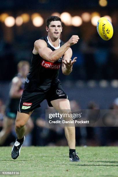 Scott Pendlebury of the Magpies handpasses the ball during the Collingwood Magpies AFL Intra Club match at the Holden Centre on February 22, 2018 in...