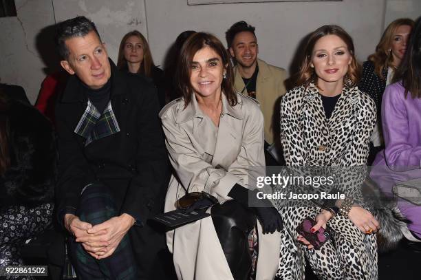 Stefano Tonchi, Carine Roitfeld and Olivia Palermo attend the Max Mara show during Milan Fashion Week Fall/Winter 2018/19 on February 22, 2018 in...