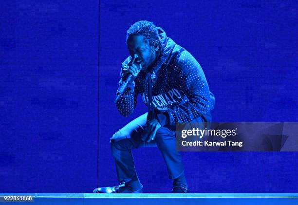 Kendrick Lamar performs at the BRIT Awards 2018 held at The O2 Arena on February 21, 2018 in London, England.