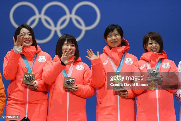 Gold medalists Miho Takagi, Ayaka Kikuchi, Ayano Sato and Nana Takagi of Japan celebrate during the medal ceremony for Speed Skating - Ladies' Team...