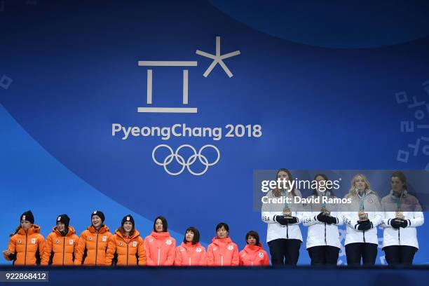 Silver medalists Marrit Leenstra, Lotte Van Beek, Ireen Wust and Antoinette De Jong of the Netherlands, gold medalists Miho Takagi, Ayaka Kikuchi,...