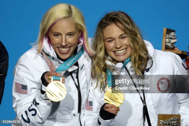 Gold medalists Kikkan Randall and Jessica Diggins of the United States celebrate during the medal ceremony for Cross-Country Skiing - Ladies' Team...