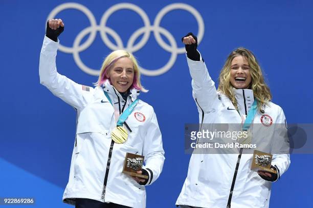 Gold medalists Kikkan Randall and Jessica Diggins of the United States celebrate during the medal ceremony for Cross-Country Skiing - Ladies' Team...