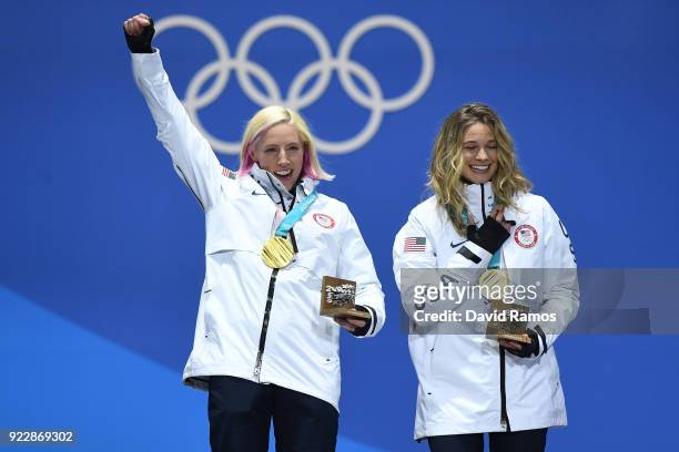 Gold medalists Kikkan Randall and Jessica Diggins of the United States celebrate during the medal ceremony for Cross-Country Skiing - Ladies' Team...