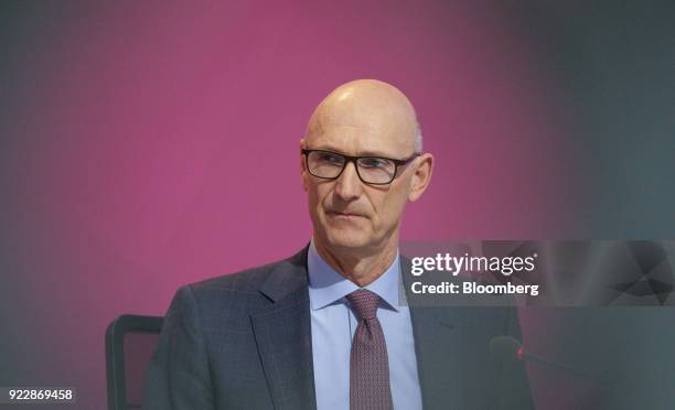 Tim Hoettges, chief executive officer of Deutsche Telekom AG, pauses during a full year earnings news conference at the company's headquarters in...