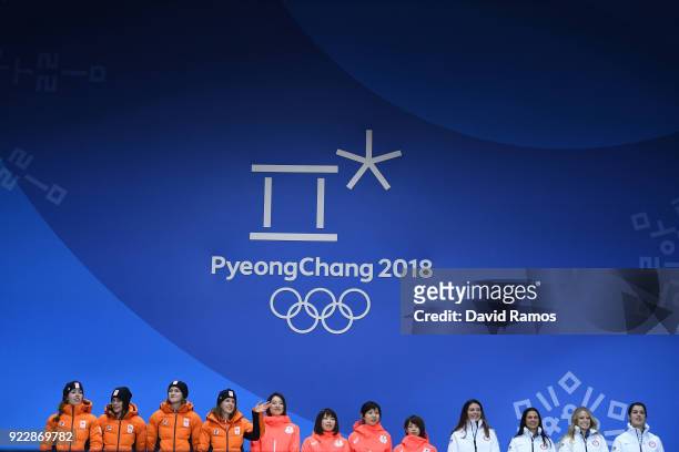 Silver medalists Marrit Leenstra, Lotte Van Beek, Ireen Wust and Antoinette De Jong of the Netherlands, gold medalists Miho Takagi, Ayaka Kikuchi,...