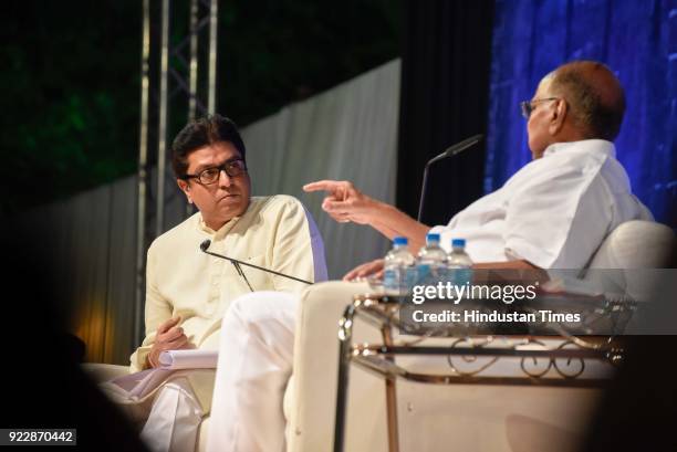 Maharashtra Navnirman Sena chief Raj Thackeray interviewing Nationalist Congress Party chief Sharad Pawar at 'Shodh Marathi Manacha' at Brihan...