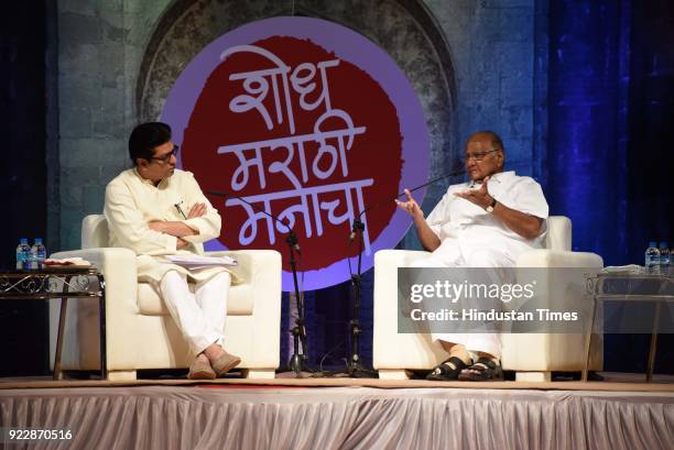 Maharashtra Navnirman Sena chief Raj Thackeray interviewing Nationalist Congress Party chief Sharad Pawar at 'Shodh Marathi Manacha' at Brihan...