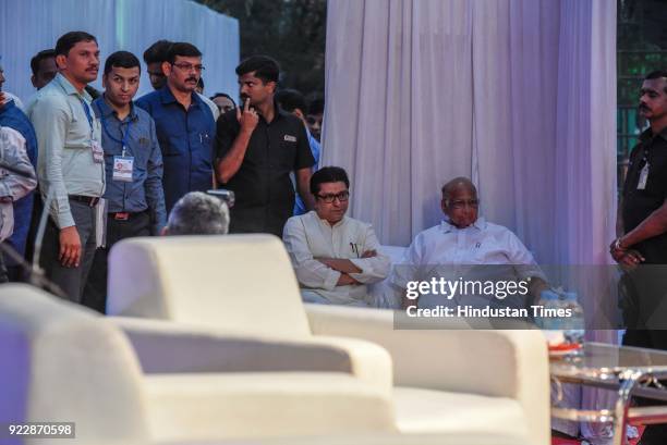 Maharashtra Navnirman Sena chief Raj Thackeray and Nationalist Congress Party chief Sharad Pawar wait backstage before the interview started at...