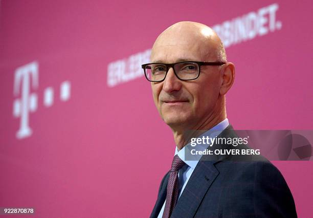 Timotheus Hoettges, chairman of German telecommunications giant Deutsche Telekom, poses prior to his company's annual press conference on February...