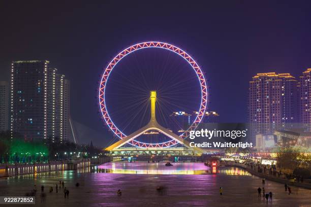 tianjin skyline at night in winter,tianjin,china. - tianjin imagens e fotografias de stock