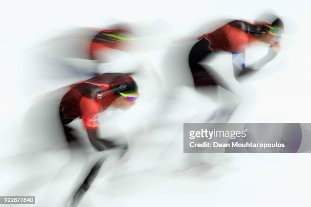 Ivanie Blondin, Keri Morrison and Isabelle Weidemann of Canada compete during the Ladies' Team Pursuit Semifinal 2 Speed Skating on day 12 of the...