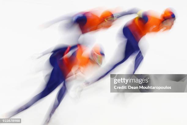 Sven Kramer, Jan Blokhuijsen and Patrick Roest of the Netherlands compete during the Speed Skating Men's Team Pursuit Semifinal 2 on day 12 of the...
