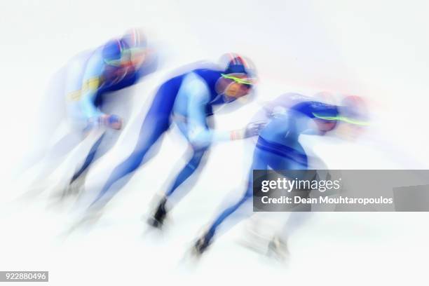 Sverre Lunde Pedersen, Havard Bokko and Simen Spieler Nilsen of Norway compete during the Men's Team Pursuit Semifinal 2 Speed Skating on day 12 of...