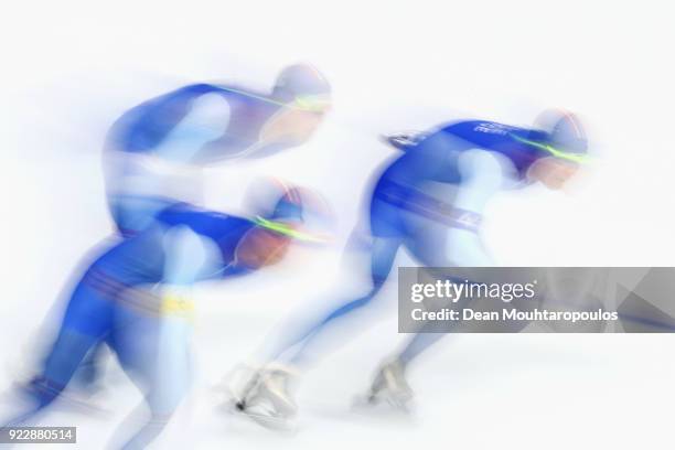 Sverre Lunde Pedersen, Havard Bokko and Simen Spieler Nilsen of Norway compete during the Men's Team Pursuit Semifinal 2 Speed Skating on day 12 of...