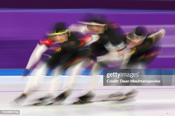 Roxanne Dufter, Claudia Pechstein and Gabriele Hirschbichler of Germany compete during the Speed Skating Ladies' Team Pursuit Final C on day 12 of...