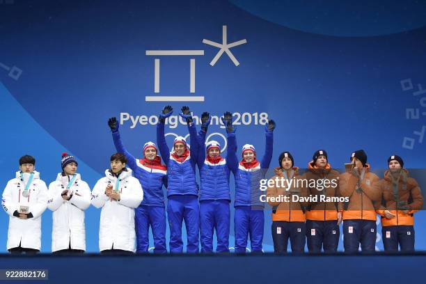 Silver medalists Seung-Hoon Lee, Jaewon Chung, Min Seok Kim of Korea, gold medalists Havard Bokko, Sindre Henriksen, Simen Spieler Nilsen and Sverre...