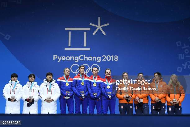 Silver medalists Seung-Hoon Lee, Jaewon Chung, Min Seok Kim of Korea, gold medalists Havard Bokko, Sindre Henriksen, Simen Spieler Nilsen and Sverre...