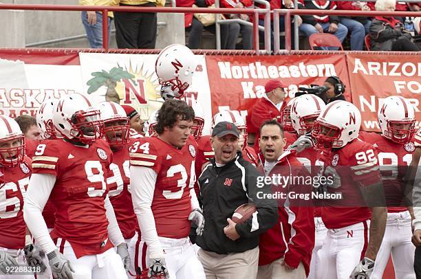 Nebraska coach Bo Pelini with players during game vs Texas Tech. Lincoln, NE CREDIT: Greg Nelson