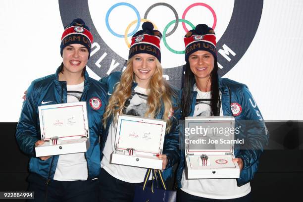 Olympians Heather Bergsma, Mia Manganello and Brittany Bowe speak onstage at the USA House at the PyeongChang 2018 Winter Olympic Games on February...