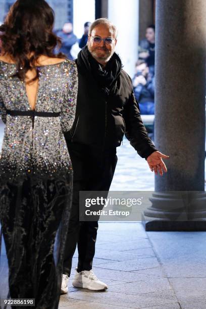 Model walks the runway at the Roccobarocco show during Milan Fashion Week Fall/Winter 2018/19 on February 21, 2018 in Milan, Italy.