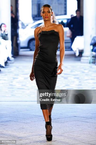 Model walks the runway at the Roccobarocco show during Milan Fashion Week Fall/Winter 2018/19 on February 21, 2018 in Milan, Italy.