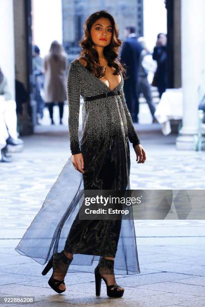 Model walks the runway at the Roccobarocco show during Milan Fashion Week Fall/Winter 2018/19 on February 21, 2018 in Milan, Italy.