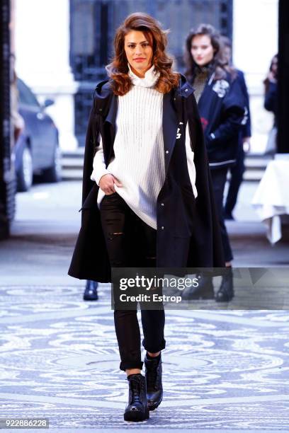 Model walks the runway at the Roccobarocco show during Milan Fashion Week Fall/Winter 2018/19 on February 21, 2018 in Milan, Italy.