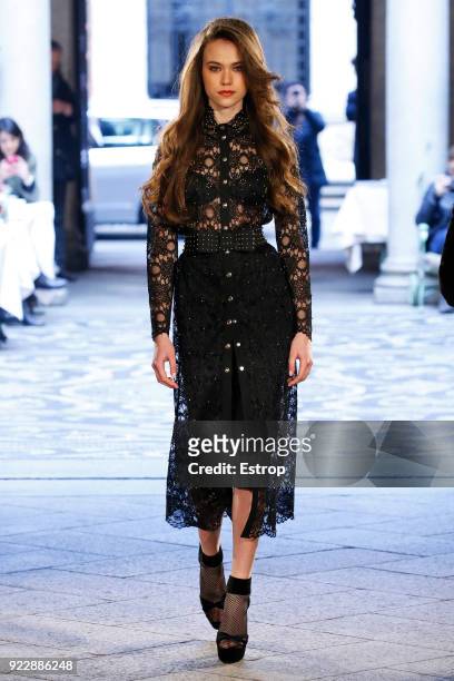 Model walks the runway at the Roccobarocco show during Milan Fashion Week Fall/Winter 2018/19 on February 21, 2018 in Milan, Italy.