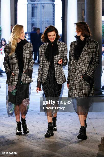 Model walks the runway at the Roccobarocco show during Milan Fashion Week Fall/Winter 2018/19 on February 21, 2018 in Milan, Italy.