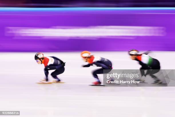Yara Van Kerkhof of the Netherlands leads her Ladies 1000m Short Track Speed Skating Quarter Final on day thirteen of the PyeongChang 2018 Winter...