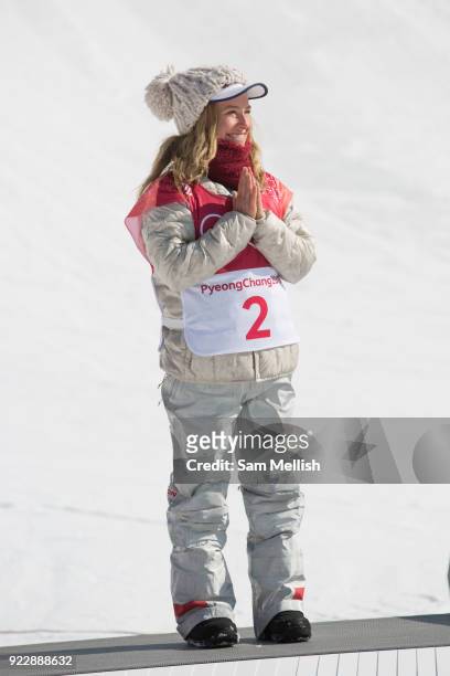 Jamie Anderson, USA, SILVER, during the womens snowboard big air flower ceremony at the Pyeongchang 2018 Winter Olympics on 22nd February 2018, at...