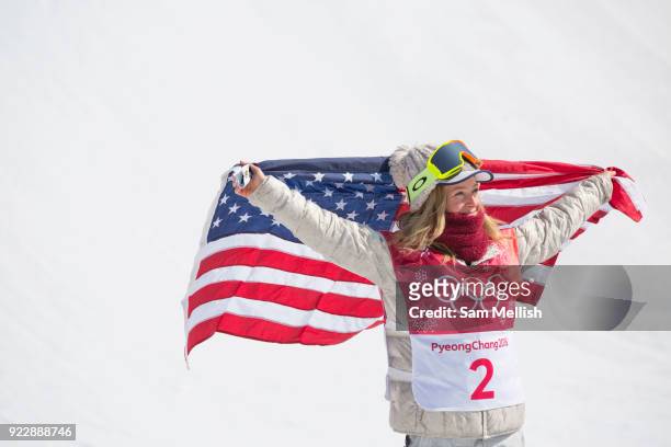Jamie Anderson, USA, SILVER, during the womens snowboard big air flower ceremony at the Pyeongchang 2018 Winter Olympics on 22nd February 2018, at...
