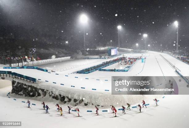 General view as athletes compete during the Women's 4x6km Relay on day 13 of the PyeongChang 2018 Winter Olympic Games at Alpensia Biathlon Centre on...