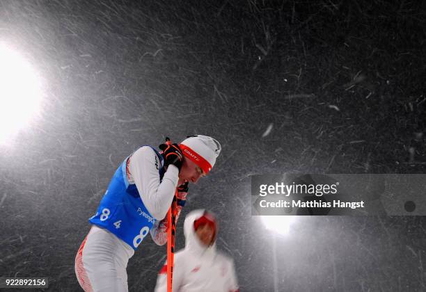 Adam Cieslar of Poland looks on after the Nordic Combined Team Gundersen LH/4x5km, Cross-Country on day thirteen of the PyeongChang 2018 Winter...