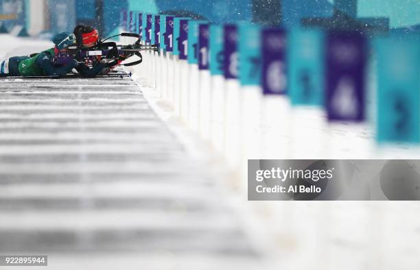 Vita Semerenko of Ukraine shoots during the Women's 4x6km Relay on day 13 of the PyeongChang 2018 Winter Olympic Games at Alpensia Biathlon Centre on...