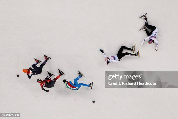 Sukhee Shim of Korea and Minjeong Choi of Korea crash during the Ladies' 1,000m Short Track Speed Skating Final A on day thirteen of the PyeongChang...