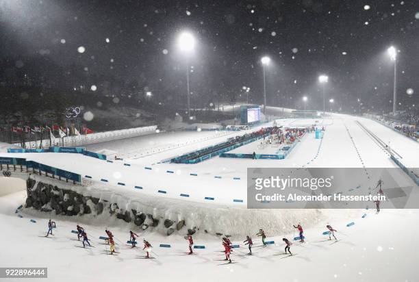 General view as athletes compete during the Women's 4x6km Relay on day 13 of the PyeongChang 2018 Winter Olympic Games at Alpensia Biathlon Centre on...