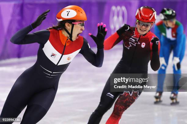 Suzanne Schulting of the Netherlands celebrates winning gold in the Ladies' 1,000m Short Track Speed Skating Final A on day thirteen of the...