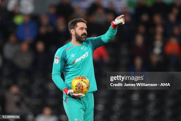 Scott Carson of Derby County during the Sky Bet Championship match between Derby County and Leeds United at iPro Stadium on February 20, 2018 in...