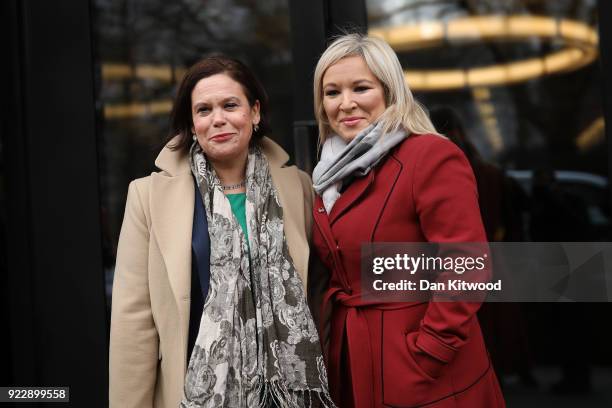 Sinn Fein President Mary Lou McDonald and Vice President Michelle O'Neill pose for a picture as they arrive for a press conference hosted by the...