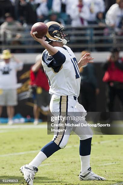 Quarterback Marc Bulger of the St. Louis Rams passes during a NFL game against the Jacksonville Jaguars at Jacksonville Municipal Stadium on October...