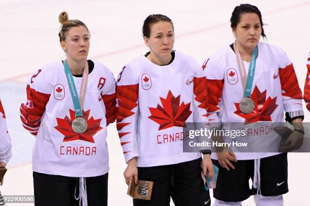 Jocelyne Larocque of Canada refuses to wear her silver medal after losing to the United States in the Women's Gold Medal Game on day thirteen of the...